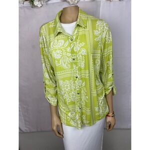 Carolyn Taylor Lime Green Paisley Bandana Print Button Up Blouse XL 3/4 Sleeve